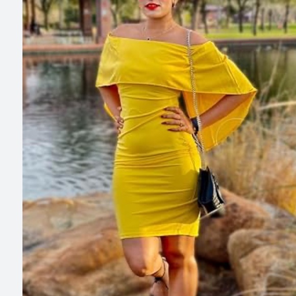 Grace Karin Dresses & Skirts - Grace Karin Yellow Off The Shoulder Batwing Cape Dress M NWOT